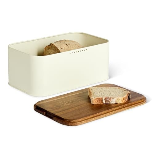 Amazon Basics Carbon Steel Bread Box with Acacia Wood Lid