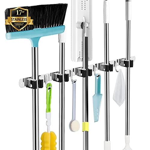 AceMining Stainless Broom Holder, 5 Racks and 4 Hooks