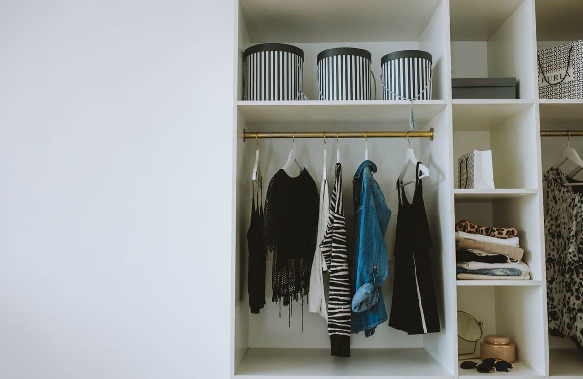 A wardrobe organizer holding storage boxes